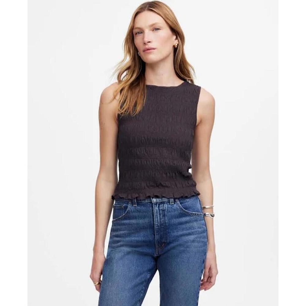 NWT! Madewell Women's Smocked Boatneck Tank Dark Grey Size XL